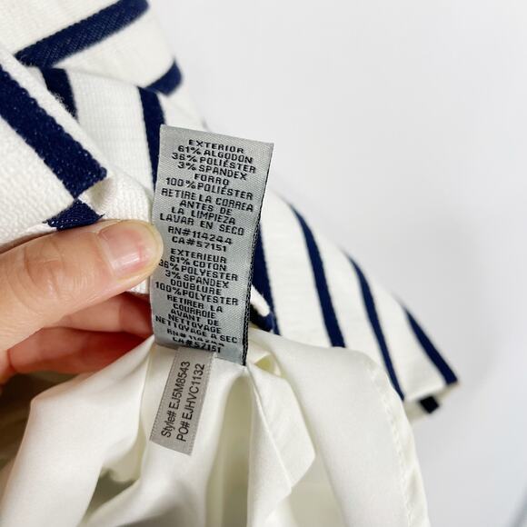 Eliza J 2 Navy Blue White Striped Fit and Flare Dress Pleated Keyhole Pockets - Picture 14 of 14